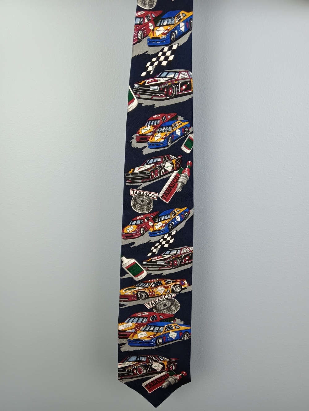 Tabasco Navy Silk Tie with Multicolor Racing Nascar Motif